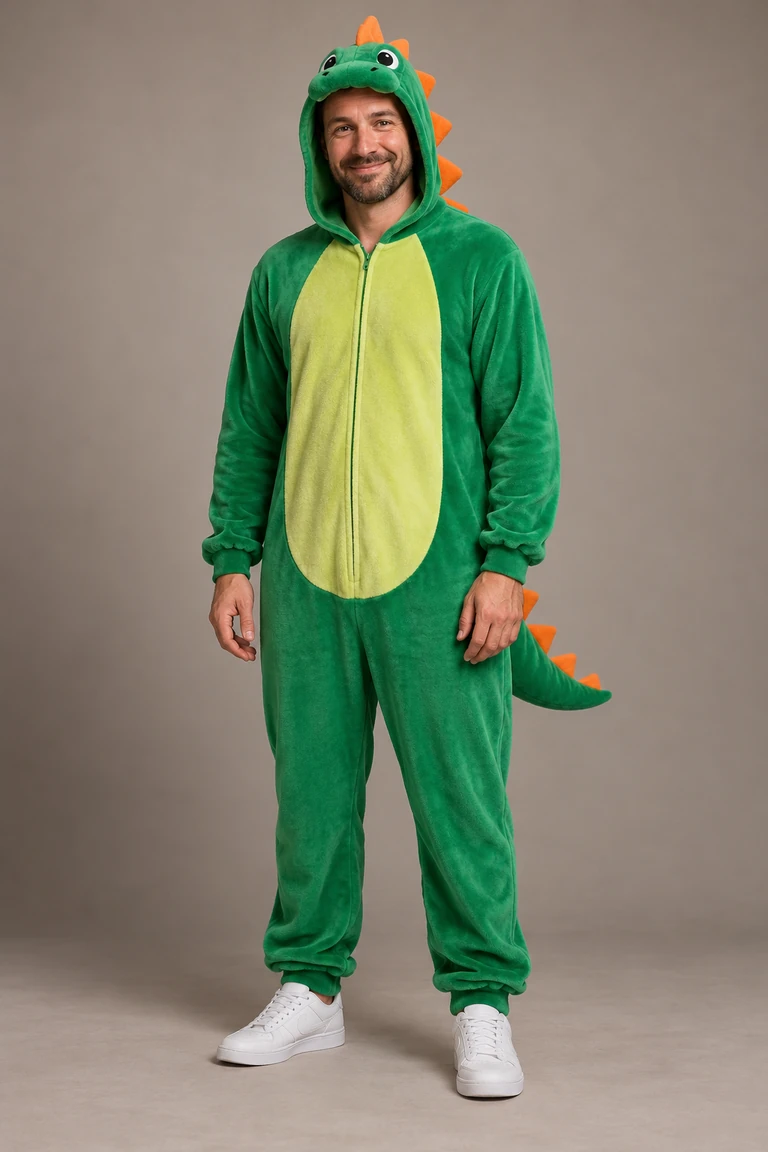 Orang dewasa fiktif dengan kostum dinosaurus lucu.